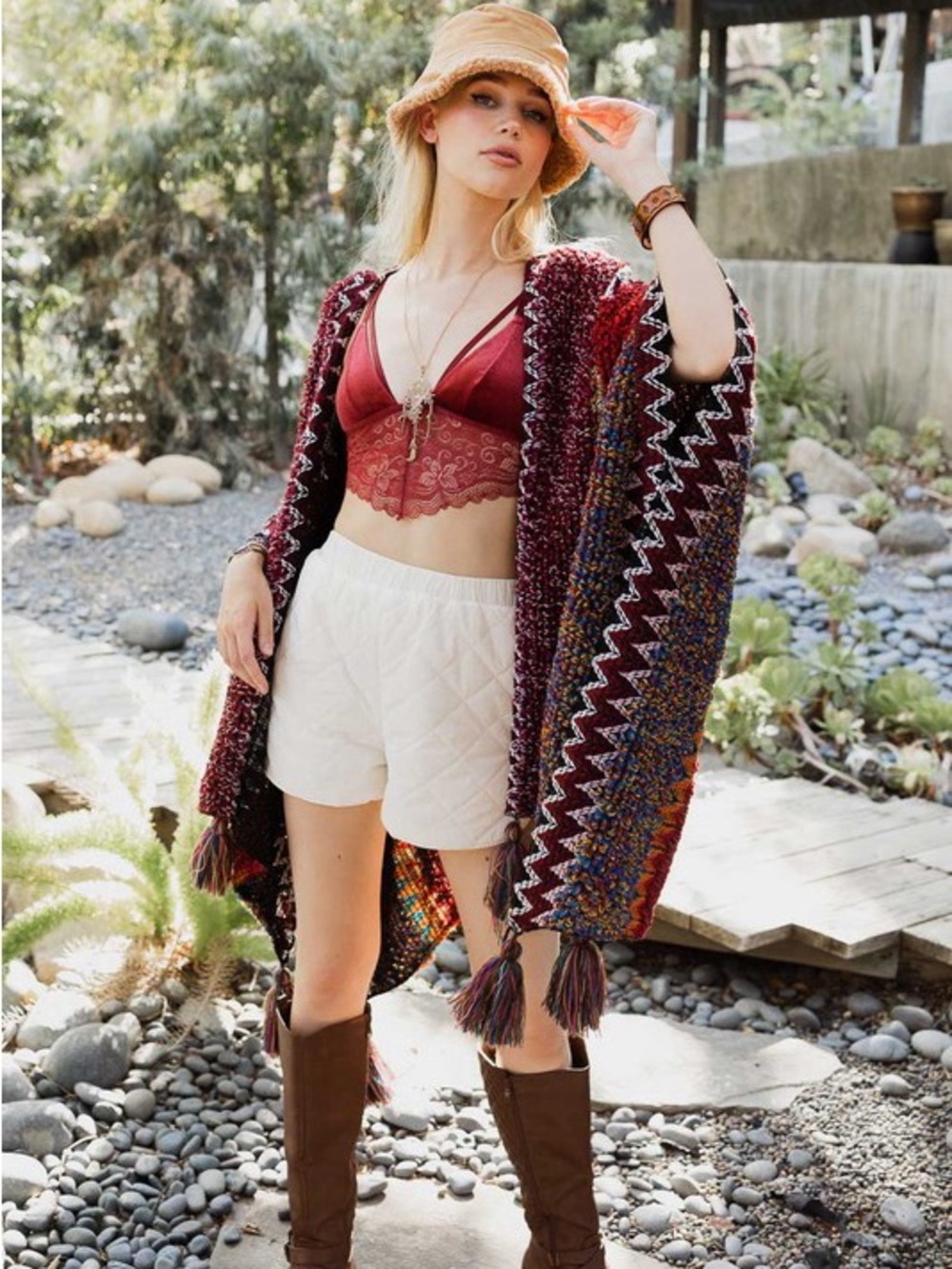125. Boho Knit Poncho Sweater - Burgundy Multi